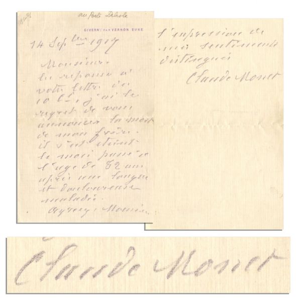 Claude Monet Autograph Letter Signed -- ''...I regret to inform you of my brothers death...'' -- 1917