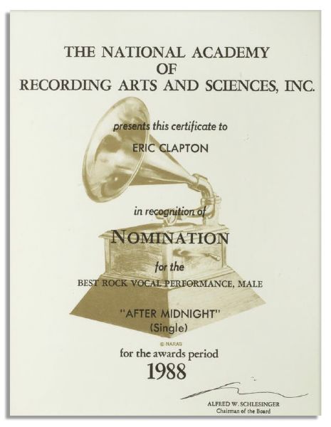 Eric Clapton Official 1988 Grammy Certificate For His Famous Single, ''After Midnight''
