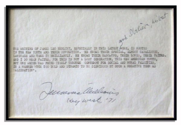 Tennessee Williams Signed Review for Author James Leo Herlihy -- ''...This is not a lost generation...but one which has found itself through contempt for social and moral falsities...''