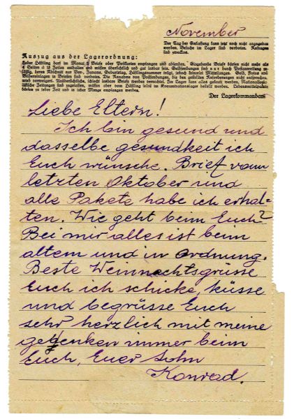 Concentration Camp Victim at Ravensbrueck Writes to His Parents -- ''...How are you? Same old, same old here and everything in order. I wish Merry Christmas and send you kisses and greet you...