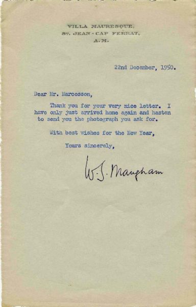 W. Somerset Maugham 1950 Typed Letter Signed