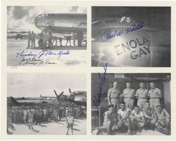 Signed 10'' x 8'' Collage Photo of Enola Gay -- Signed by Tibbets, Beser, Ferebee, Van Kirk and Caron -- Near Fine 