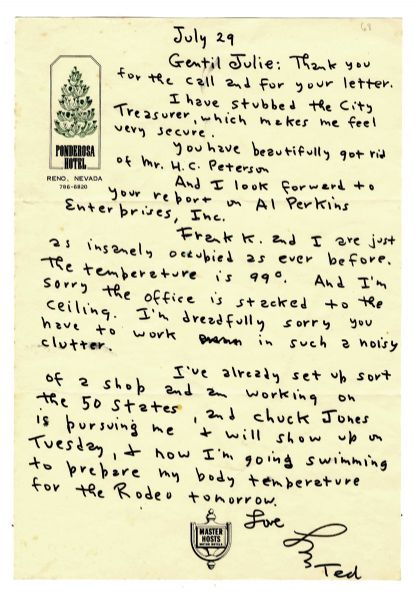 Dr. Seuss Autograph Letter Signed -- ''...now I'm going swimming to prepare my body temperature for the Rodeo tomorrow...''