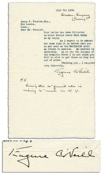 Eugene O'Neill Typed Letter Signed -- From Dresden, Germany -- With Postscript in the Playwright's Hand