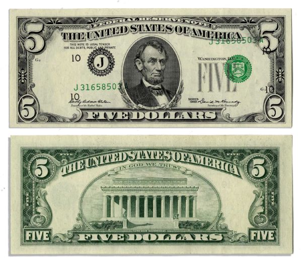 $5 Federal Reserve Error Note -- Series 1969, Kansas City -- Strong Third Print Shift