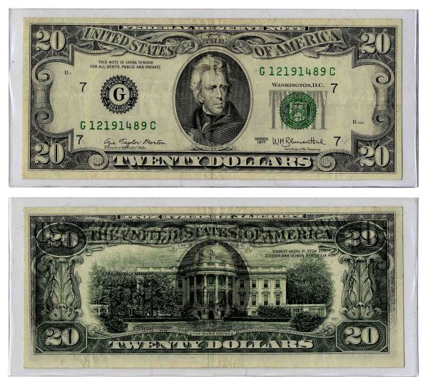$20 Federal Reserve Error Note -- Series 1977, Chicago -- Full Face to Back Off-Set Printing Error -- Dark Ink to Verso