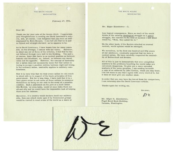 Dwight D. Eisenhower Typed Letter Signed as President -- ''...we want every nation we can reach to stand with us in support of the basic principles of free government...''