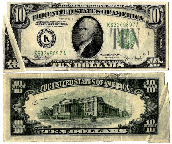 $10 Federal Reserve Error Note -- Series 1934-C, Dallas -- Gutter Fold to Lower Left Corner