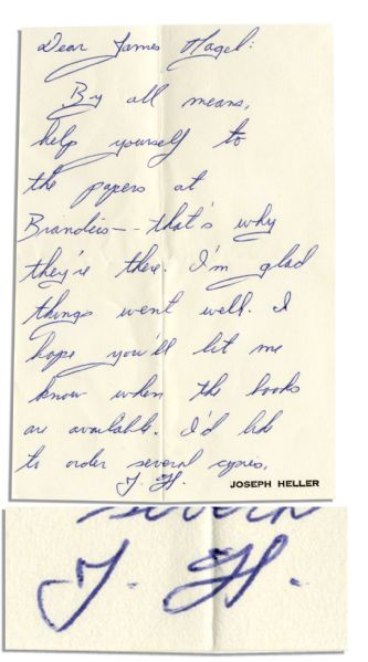 Joseph Heller Autograph Letter Signed -- ''By all means, help yourself to the papers at Brandeis...''