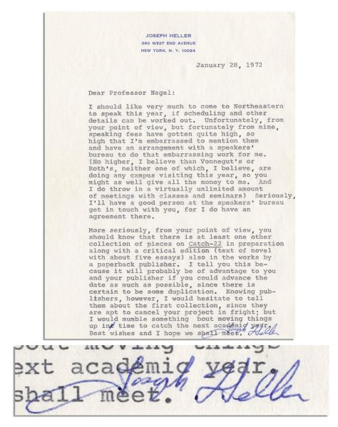 Famed Satirical Novelist Joseph Heller Typed Letter Signed -- Regarding An Upcoming Speaking Engagement -- ''...speaking fees have gotten quite high...No higher, I believe than Vonnegut's or...