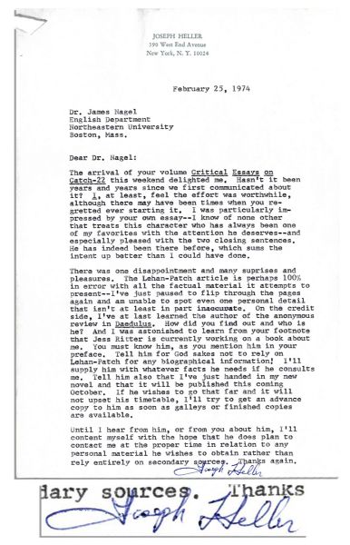 Joseph Heller Typed Letter Signed -- ''...The arrival of your volume Critical Essays on Catch-22 this weekend delighted me...''On ''Critical Essays on Catch-22''