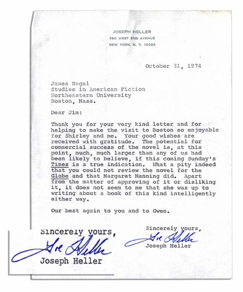 Joseph Heller Typed Letter Signed -- Regarding His Novel ''Something Happened'' -- ''...The potential for commercial success of the novel is...larger than any of us had been likely to believe...''