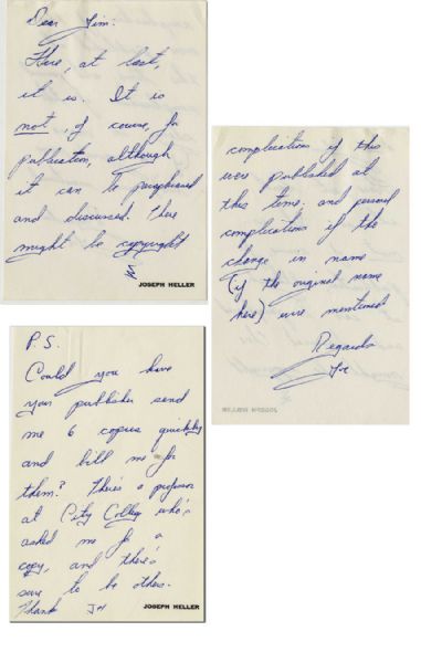 Joseph Heller Autograph Letter Signed -- To A Professor Writing a Book of Critical Essays on His Famous Tome, ''Catch-22''
