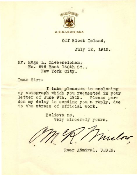 Letter Signed by Rear Admiral Cameron McRae Winslow on U.S.S. Louisiana Cardstock -- ''...due to the stress of official work...''