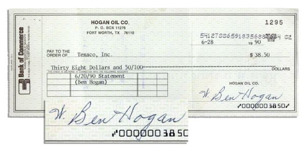 Ben Hogan Check Signed -- Nice Signature From One of Golf's All-Time Greats 
