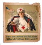 Iconic 1918 Red Cross Poster From WWI -- Have you answered the Red Cross Christmas Roll Call? -- 28 x 30 -- Edge Chipping & Discoloration to Upper Right