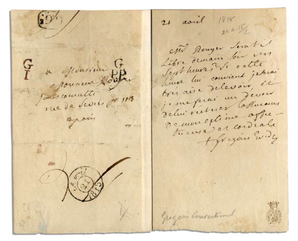 Henri Gregoire Autograph Letter Signed From 1815 -- Revolutionary French Priest Who Supported Universal Suffrage & Abolition