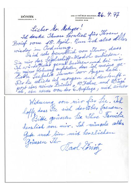 Karl Donitz Autograph Letter & Accompanying ''Donitz'' Signed Cover -- WWII Admiral Expresses Thanks for Gift of Model Ship