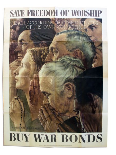 WWII Norman Rockwell Poster -- ''Save Freedom of Worship'' -- 28.5'' x 40''