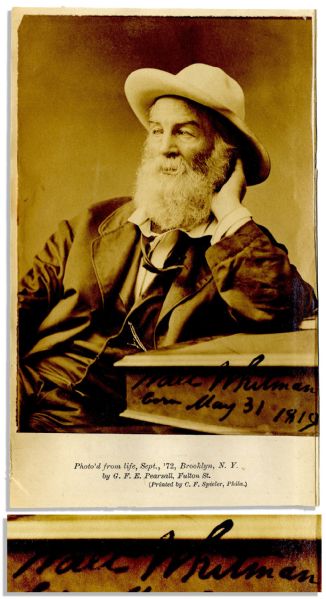 Scarce Signed Photo of Pioneering Poet, Walt Whitman -- Bold Signature