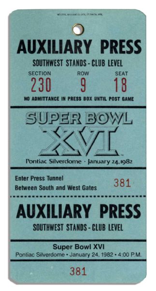 Super Bowl XVI Auxiliary Press Pass -- San Francisco 49ers vs. Cincinnati Bengals