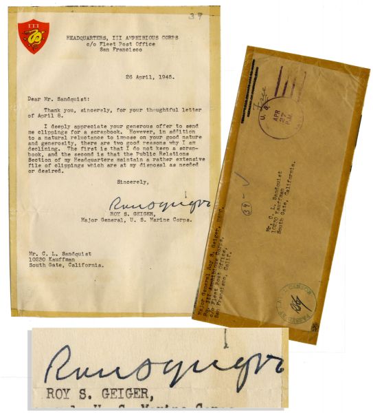 General Roy Geiger April 1945 Typed Letter Signed -- Declines Clippings Concerning Iwo Jima --  6.25'' x 9.25'' -- Very Good 