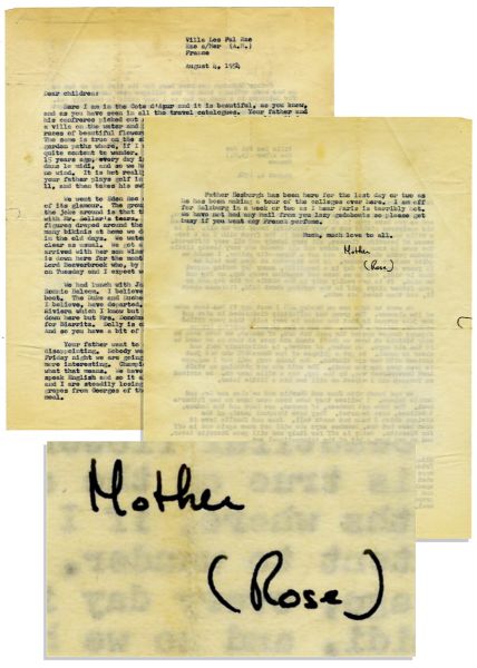 Rose Kennedy Typed Letter To Her ''Children'' Signed Mother -- ''...We have not had any mail from you lazy gadabouts so please get busy if you want any French perfume...''