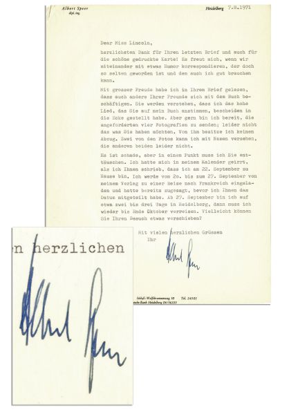 Albert Speer Typed Letter Signed -- ''...It pleases me when we can correspond with humor, which has become so rare and which I can also use....''