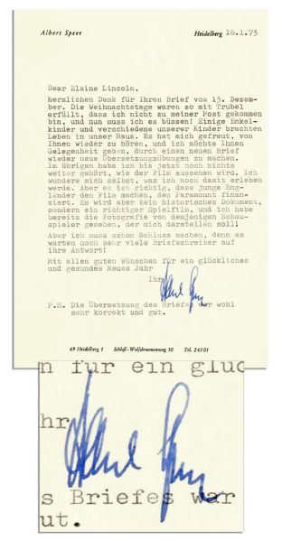 Albert Speer Typed Letter Signed -- ''...I have already seen photographs of the actor that is going to play me!...''