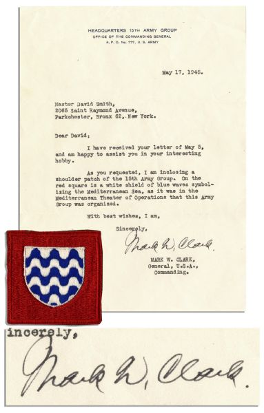 WWII General Mark Clark Typed Letter Signed -- Along With Shoulder Patch