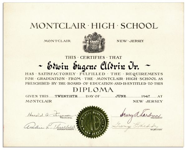 Buzz Aldrin High School Diploma -- Very Rare Space Collectible From Aldrin's Personal Collection