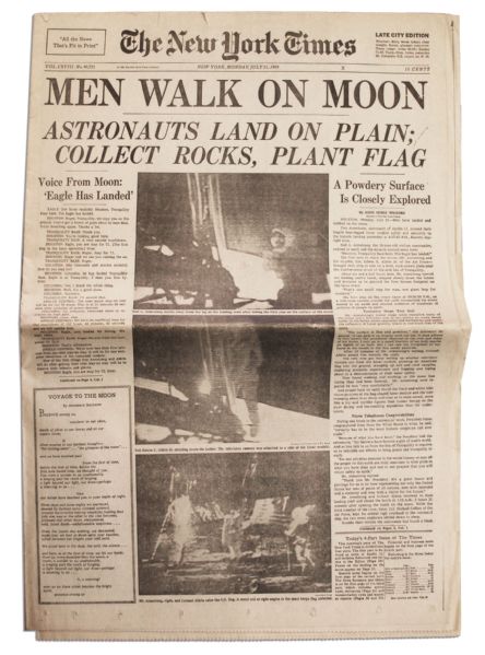''The New York Times'' Announces Historic ''Men Walk On Moon'' -- 21 July 1969