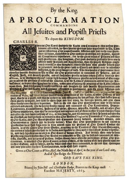 17th Century King Charles II Broadside of His Proclamation Banishing ''Popish'' Priests