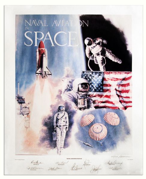 NASA Pilots Signed Lithograph -- Neil Armstrong, Gene Cernan, Pete Conrad, John Glenn, Rick Hauck, Jack Lousma, James Lovell, Wally Schirra & Alan Shepard -- Near Fine Condition