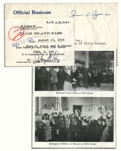 Ellis Island Pass From 1928 -- Signed by The Commissioner of Immigration