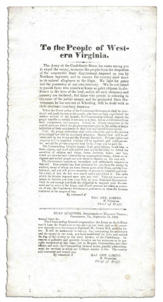 West Virginia Confederate Broadside -- ''...those who persist in adhering to the cause of the public enemy, and the pretended State Government he has erected at Wheeling...''