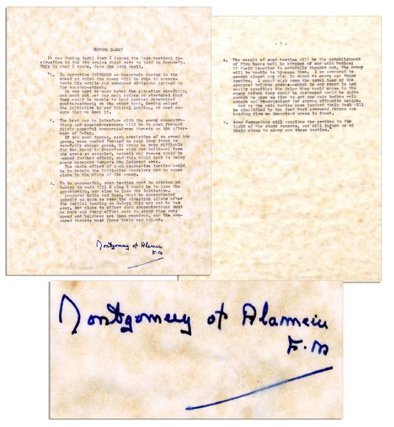 Bernard Montgomery Signed Document Pertaining to Normandy -- ''...push forward fairly powerful armored-force thrusts on the afternoon of D-Day...to cause alarm in the minds of the enemy...''