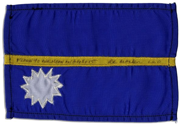 Apollo 15 Flown 6'' x 4'' Nauru Flag -- Signed & Inscribed ''Flown to the Moon on Apollo 15'' by NASA Astronaut Al Worden -- Near Fine -- Also With COA by Worden