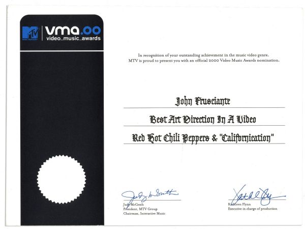 MTV 2000 Video Music Awards Nomination Certificate For ''Red Hot Chili Peppers'' Music Video For ''Californication'' -- Presented to Guitarist John Frusciante