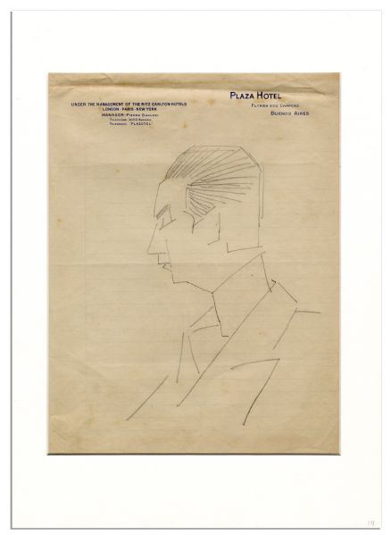 Enrico Caruso Hand-Drawn Sketch on Plaza Hotel Buenos Aires Stationery Circa 1917 While On a South American Tour
