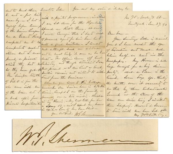 William Tecumseh Sherman Autograph Letter Signed -- ''...my dinner on Feb 8 is for the army comrades who were with me at the close of the war...''