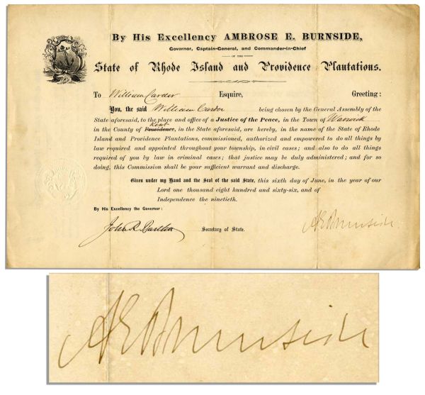 Civil War General Ambrose Burnside Document Signed as Governor of Rhode Island -- ''State of Rhode Island and Providence Plantations''