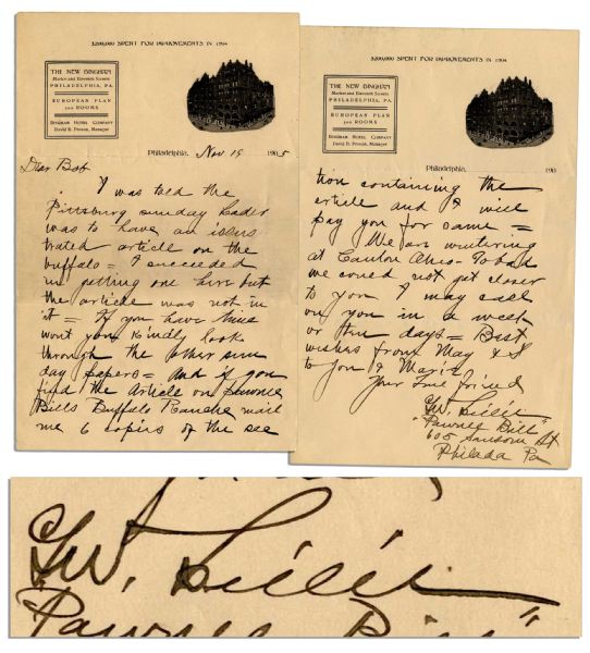 Pawnee Bill Autograph Letter Signed Mentioning His Ranch -- ''...if you find the article on Pawnee Bills Buffalo Ranch mail me 6 copies...'' -- 1905
