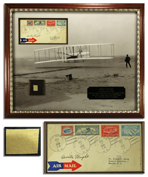 Original Piece of Fabric From the 1903 Wright Flyer -- Also With an Aviation Cover Signed by Orville Wright -- Scarce