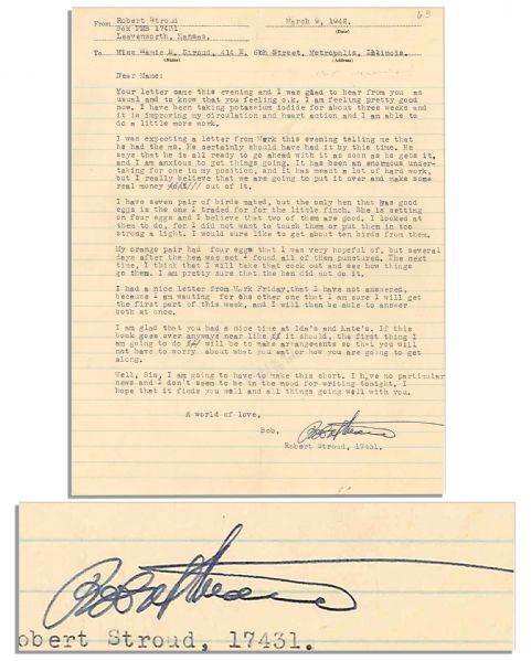 Bird Man of Alcatraz Touching Typed Letter Signed With Excellent Bird Content -- ''...My orange pair had four eggs that I was very hopeful of...''