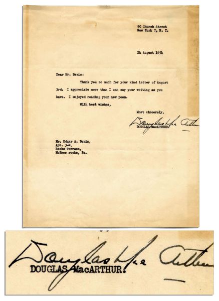 Douglas MacArthur Typed Letter Signed in 1954 -- ''...I enjoyed reading your poem...''