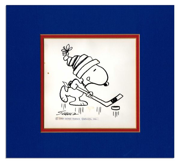 ''Peanuts'' Sketch of Snoopy Playing Hockey -- Large 8'' x 7.5'' Original Drawing From 1958
