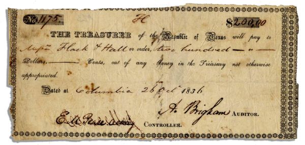 Republic of Texas 1836 Original Pay Scrip