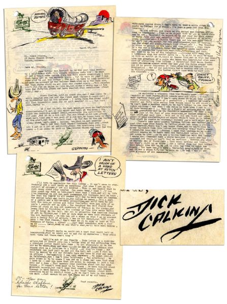 Dick Calkins Typed Letter Signed Featuring Five Color Drawings -- ''...Don't let this Buck Rogers business fool you. About all I get is a lot of publicity, while the syndicate gets the gravy...''