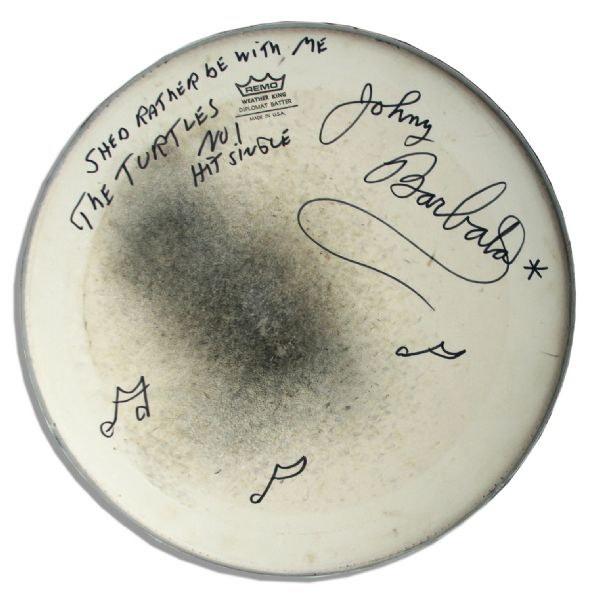 The Turtles Drum Skin Used to Record Their Hit Single -- ''She'd Rather Be With Me'' -- Signed by The Drummer John Barbata